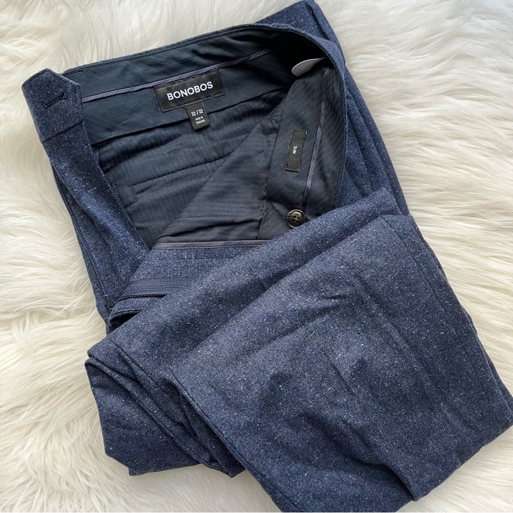 New Bonobos Men’s Stretch Wool Blend Dress Pants Slim 32x32 32 Navy Speckle